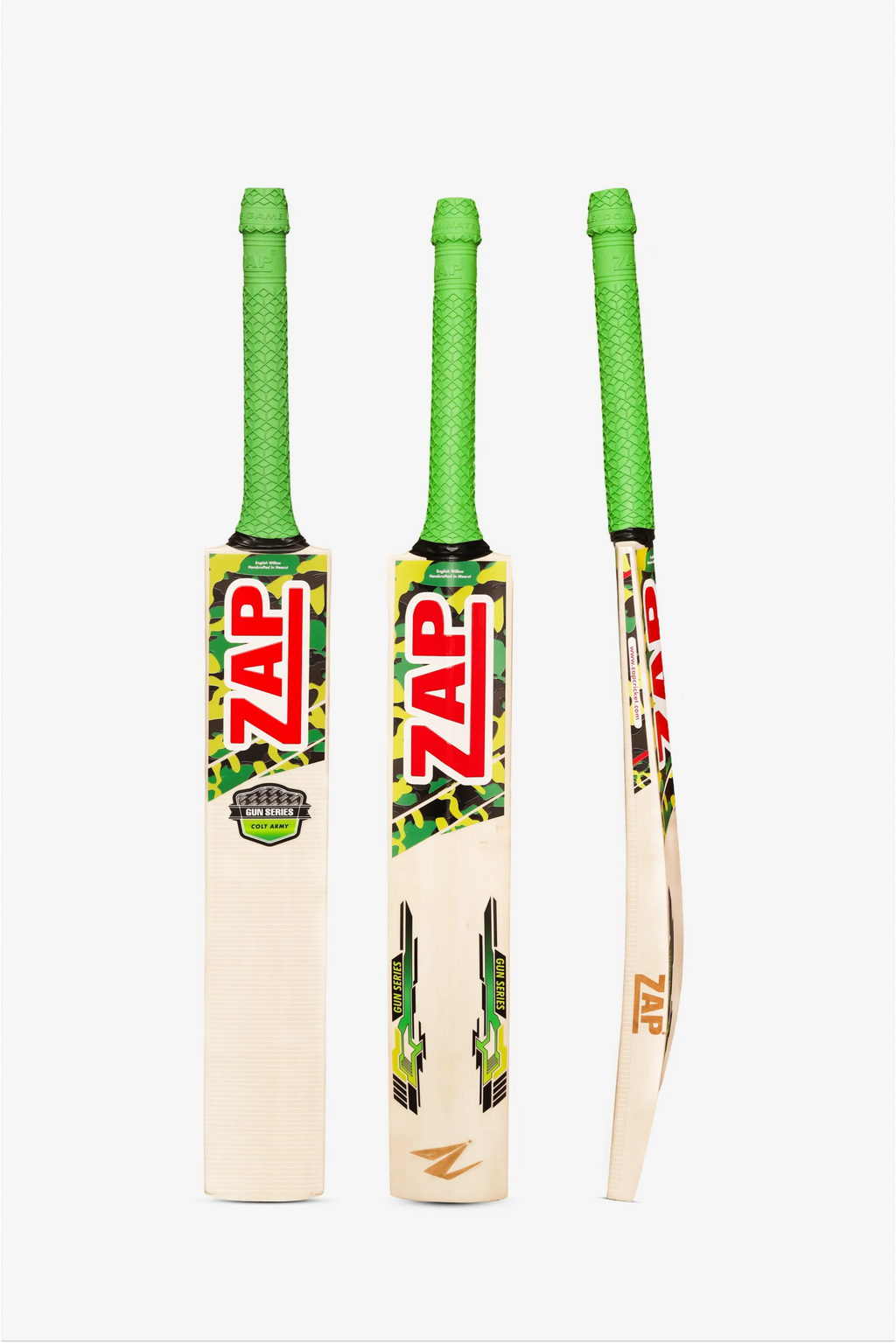 ZAP Colt Army English willow cricket bat with rubberized grip and protective scuff sheet