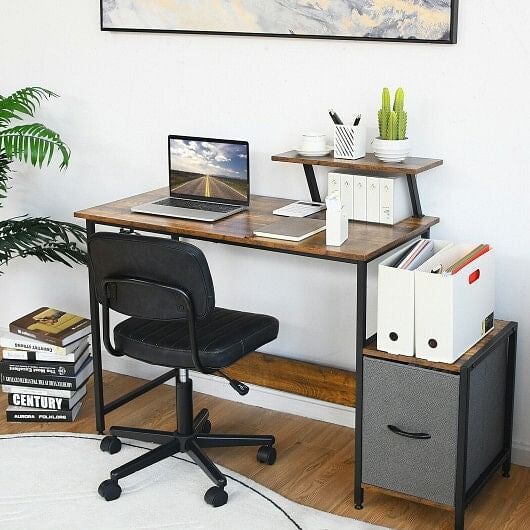 Brown industrial computer desk with raised monitor shelf, fabric drawer, and built-in power ports