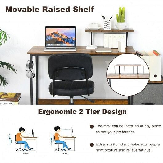 Brown industrial computer desk with raised monitor shelf, fabric drawer, and built-in power ports — view 2