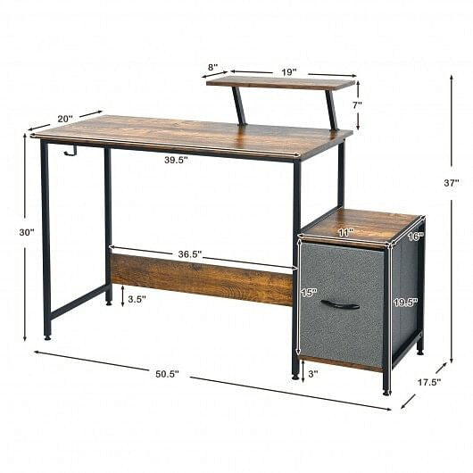 Brown industrial computer desk with raised monitor shelf, fabric drawer, and built-in power ports — view 3
