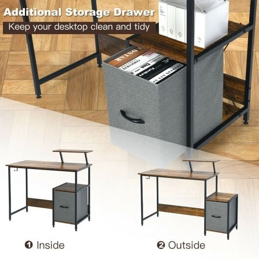 Brown industrial computer desk with raised monitor shelf, fabric drawer, and built-in power ports — view 4