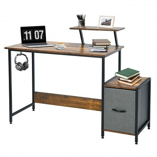 Brown industrial computer desk with raised monitor shelf, fabric drawer, and built-in power ports — view 5