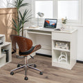 White wooden computer desk with CPU stand, pull-out drawer, and adjustable shelves for home office.