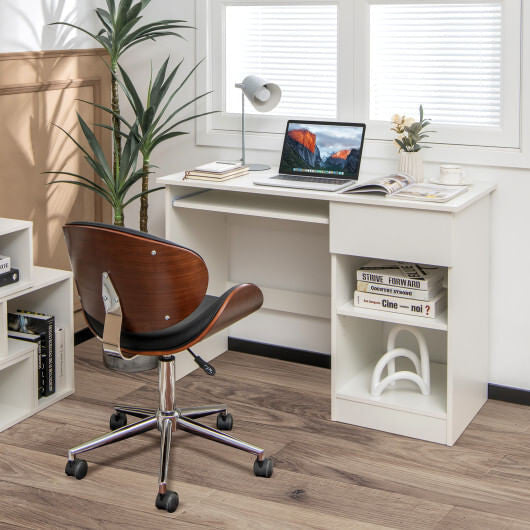 White wooden computer desk with CPU stand, pull-out drawer, and adjustable shelves for home office.
