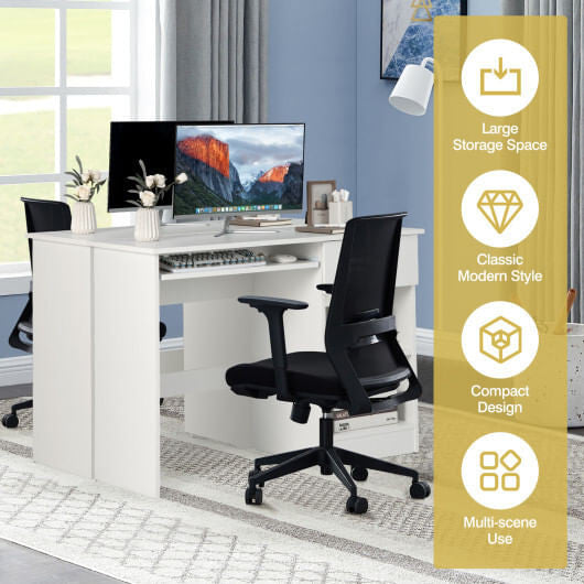 White wooden computer desk with CPU stand, pull-out drawer, and adjustable shelves for home office. — view 2
