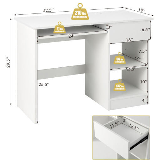 White wooden computer desk with CPU stand, pull-out drawer, and adjustable shelves for home office. — view 3