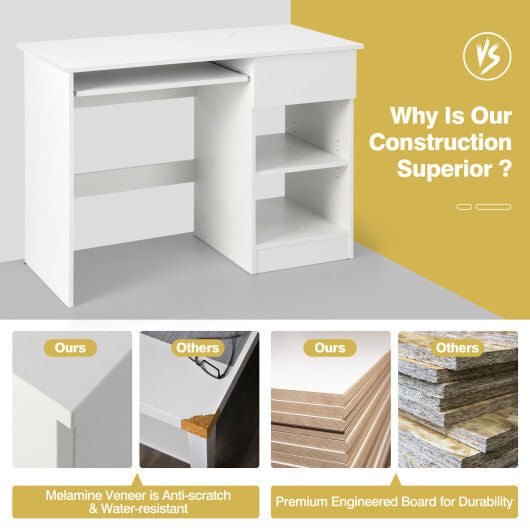 White wooden computer desk with CPU stand, pull-out drawer, and adjustable shelves for home office. — view 4