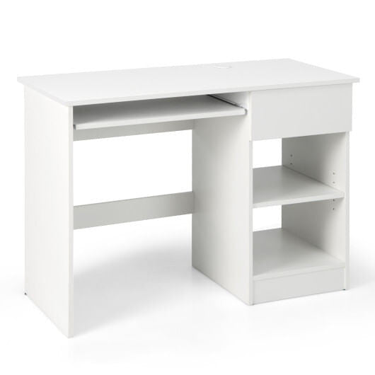 White wooden computer desk with CPU stand, pull-out drawer, and adjustable shelves for home office. — view 5