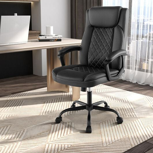 High back ergonomic executive chair in black leathaire with padded armrests and smooth rolling casters
