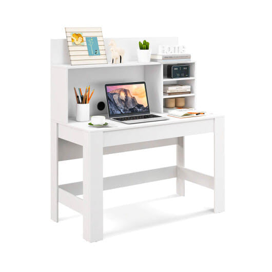 Modern 48-inch white writing computer desk with built-in storage shelves and cable management hole — view 5
