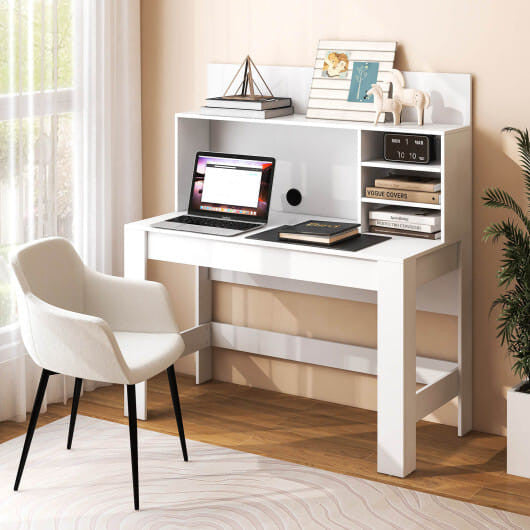 Modern 48-inch white writing computer desk with built-in storage shelves and cable management hole — view 6