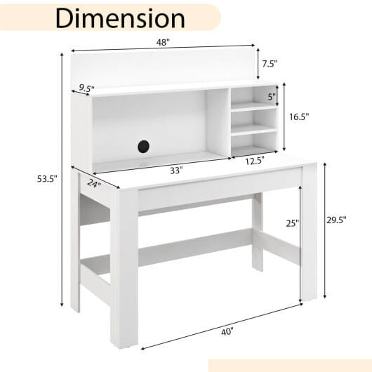Modern 48-inch white writing computer desk with built-in storage shelves and cable management hole — view 7