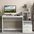 Modern white computer desk with integrated corner bookshelf and two storage drawers for home office