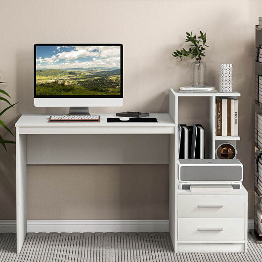Modern white computer desk with integrated corner bookshelf and two storage drawers for home office