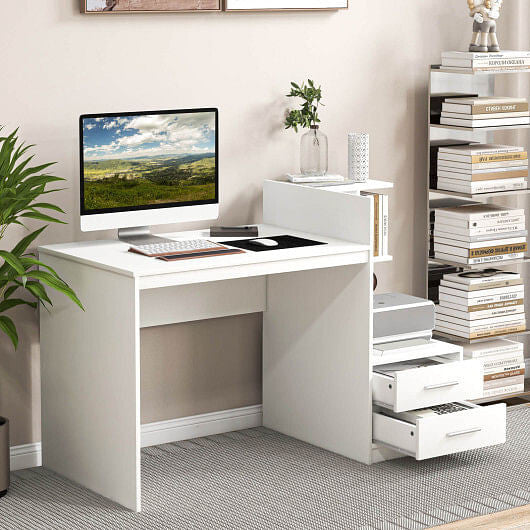 Modern white computer desk with integrated corner bookshelf and two storage drawers for home office — view 2