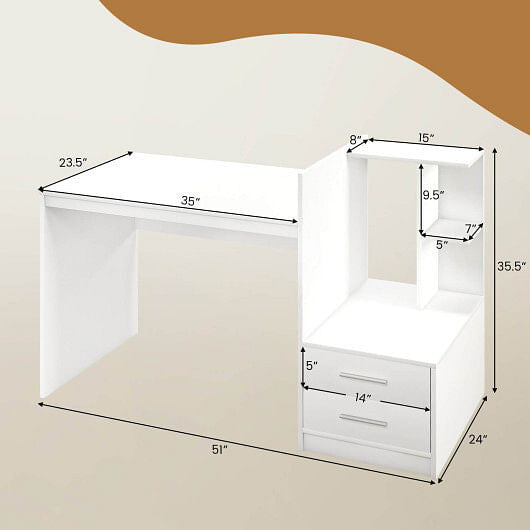Modern white computer desk with integrated corner bookshelf and two storage drawers for home office — view 3