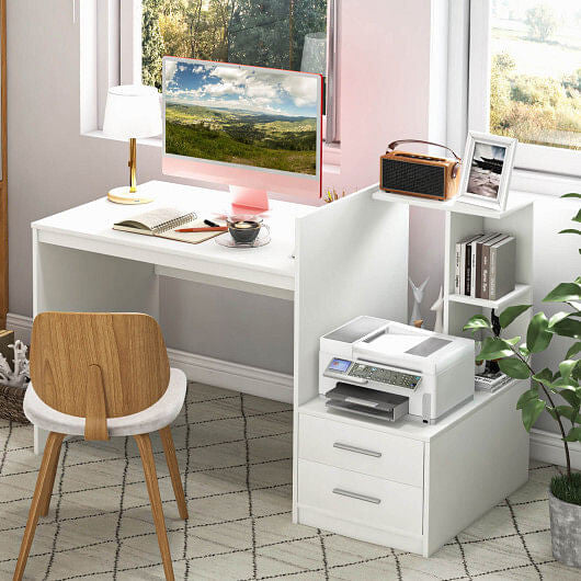 Modern white computer desk with integrated corner bookshelf and two storage drawers for home office — view 4