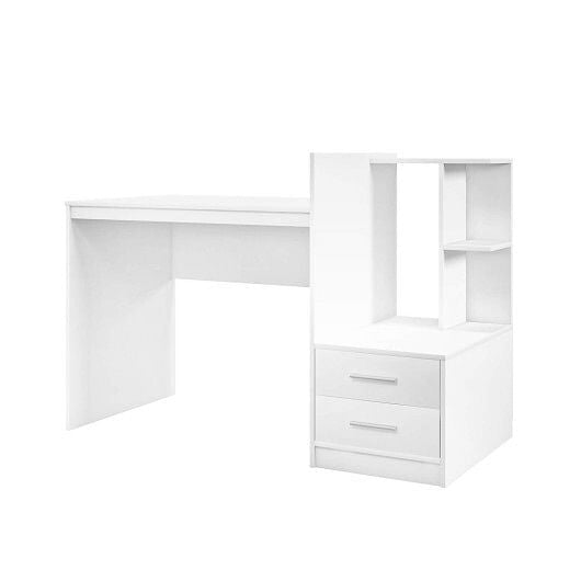 Modern white computer desk with integrated corner bookshelf and two storage drawers for home office — view 5