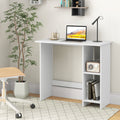 Small white computer desk with adjustable storage shelf and modern high legged design for small spaces