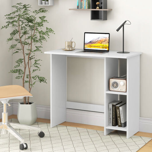 Small white computer desk with adjustable storage shelf and modern high legged design for small spaces