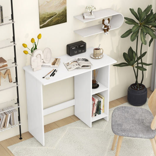 Small white computer desk with adjustable storage shelf and modern high legged design for small spaces — view 2