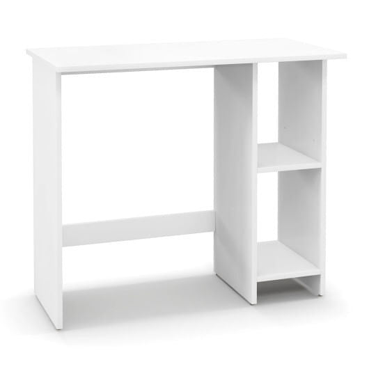 Small white computer desk with adjustable storage shelf and modern high legged design for small spaces — view 3