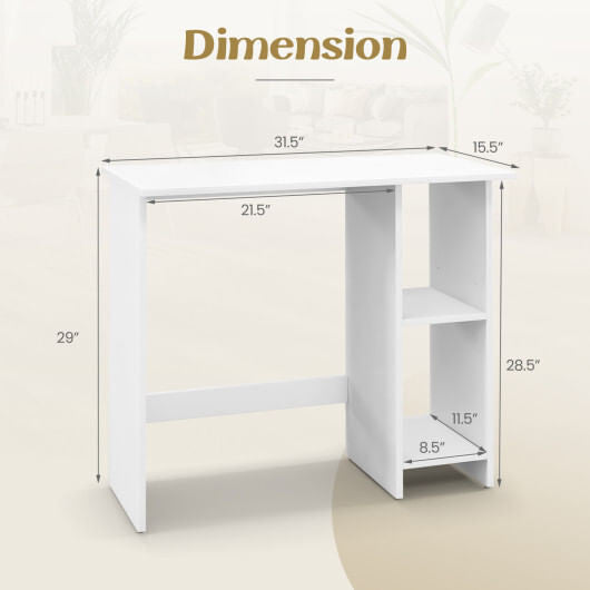 Small white computer desk with adjustable storage shelf and modern high legged design for small spaces — view 4