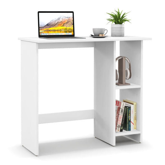 Small white computer desk with adjustable storage shelf and modern high legged design for small spaces — view 5