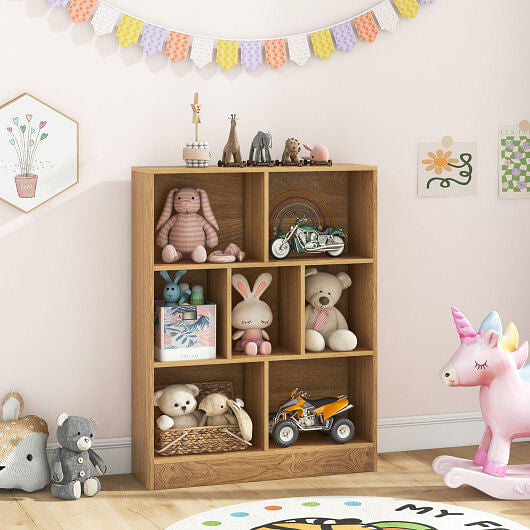 White 7-section freestanding kids bookshelf and toy storage organizer for nursery or playroom — view 2
