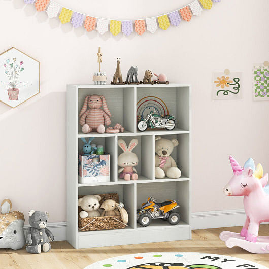 White 7-section freestanding kids bookshelf and toy storage organizer for nursery or playroom — view 7