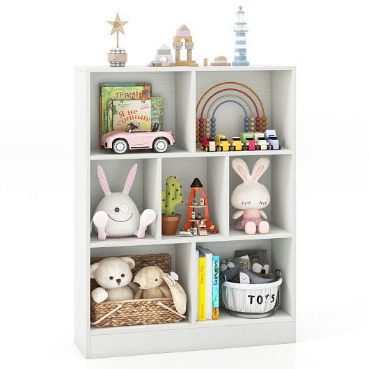 White 7-section freestanding kids bookshelf and toy storage organizer for nursery or playroom — view 8