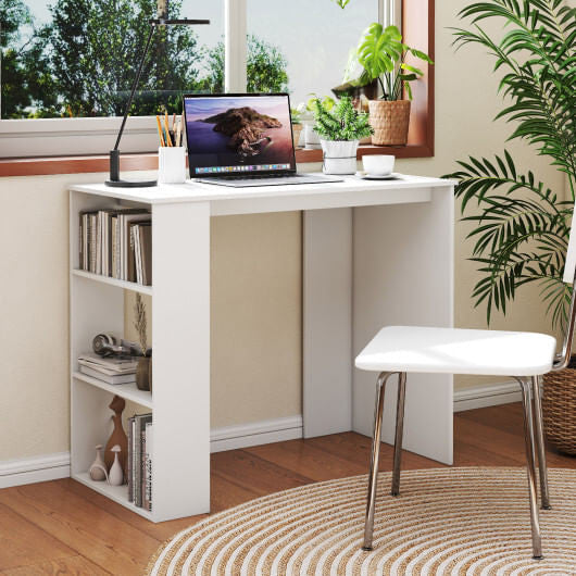Compact white computer desk with open bookshelf in a small modern home office space