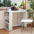 Compact white computer desk with open bookshelf in a small modern home office space