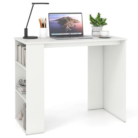 Compact white computer desk with open bookshelf in a small modern home office space — view 3
