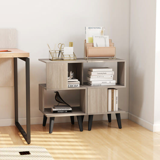 Set of two 3-tier geometric bookshelves with open storage shelves, perfect for modern living spaces.