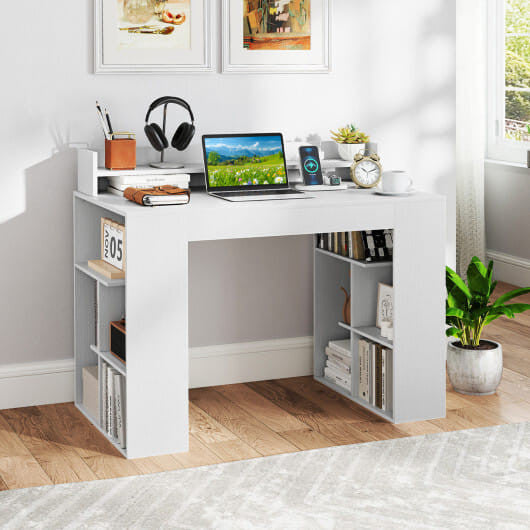 White 43-inch computer desk with built-in power strip, monitor stand, and dual 3-tier geometric bookcases — view 4