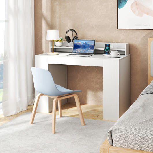 White 43-inch computer desk with built-in power strip, monitor stand, and dual 3-tier geometric bookcases