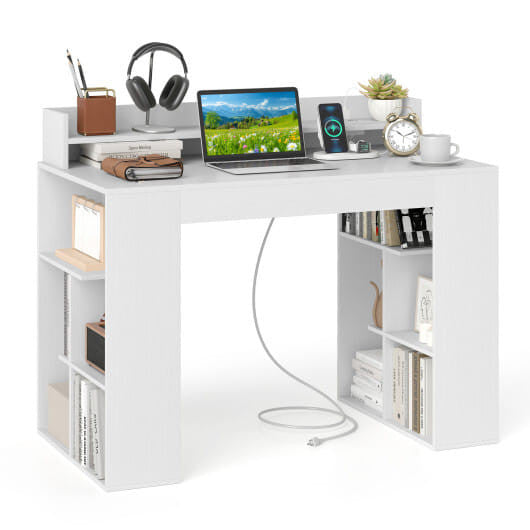 White 43-inch computer desk with built-in power strip, monitor stand, and dual 3-tier geometric bookcases — view 2
