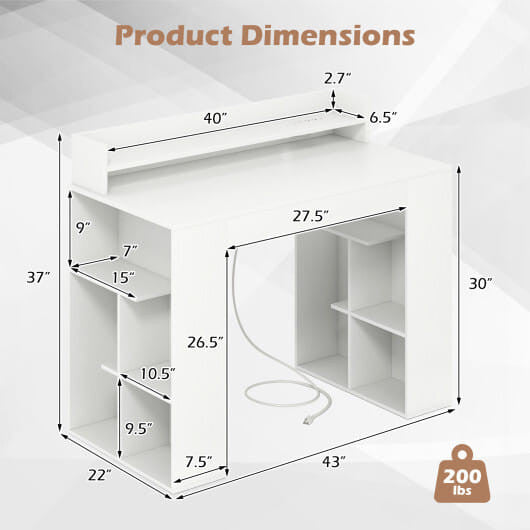White 43-inch computer desk with built-in power strip, monitor stand, and dual 3-tier geometric bookcases — view 3