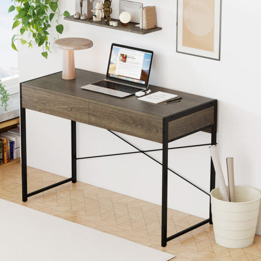 44 inch oak computer desk with two drawers and black metal frame in home office