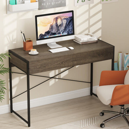 44 inch oak computer desk with two drawers and black metal frame in home office — view 2