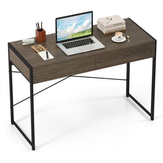44 inch oak computer desk with two drawers and black metal frame in home office — view 3
