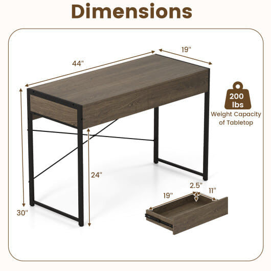 44 inch oak computer desk with two drawers and black metal frame in home office — view 4
