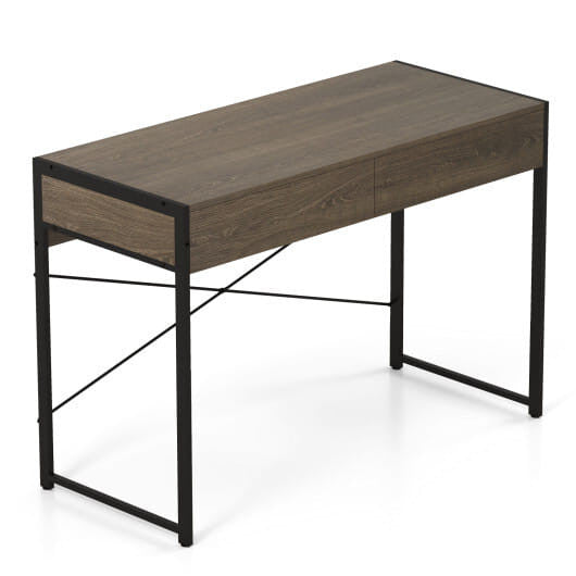 44 inch oak computer desk with two drawers and black metal frame in home office — view 5