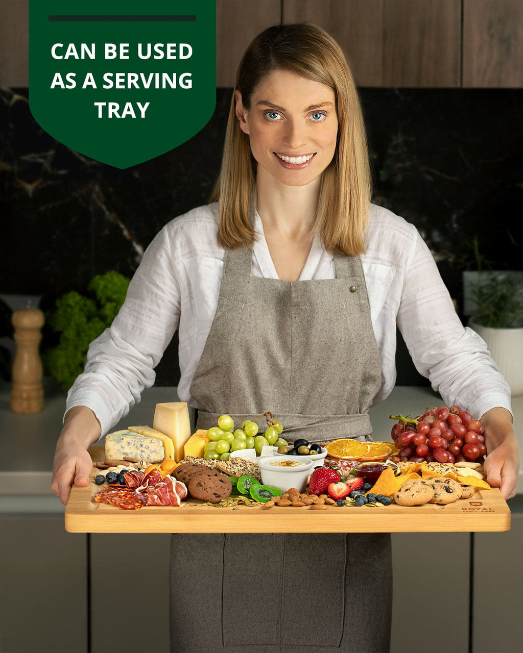 Extra large wooden cutting board in natural burlywood featuring a rectangular shape and deep juice groove — view 4