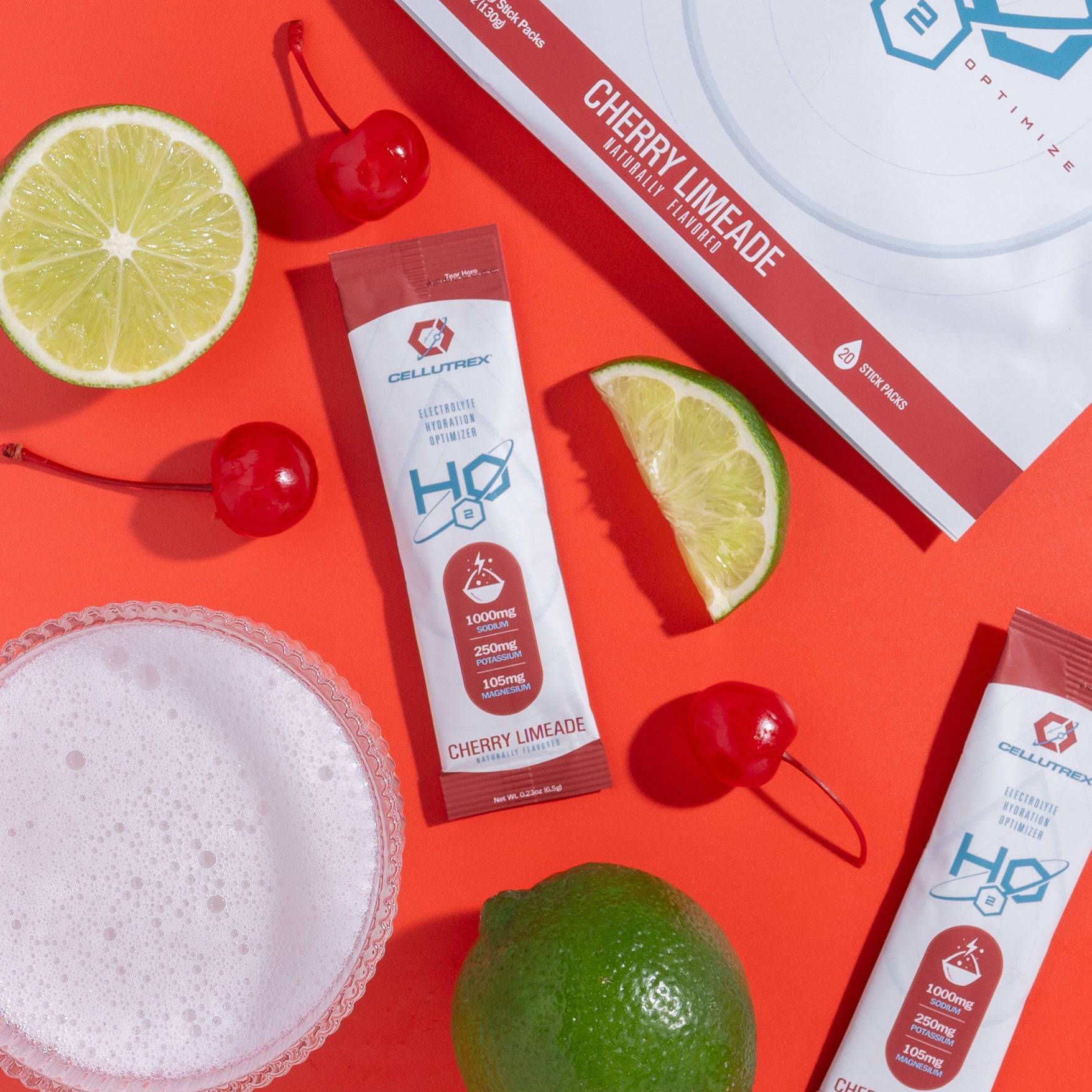Cherry limeade zero sugar electrolyte powder packaging with Cellutrex branding and Himalayan salt callouts — view 3