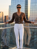 Central Park women's knit cardigan with V-neck, fluffy texture, and pearl-effect front buttons