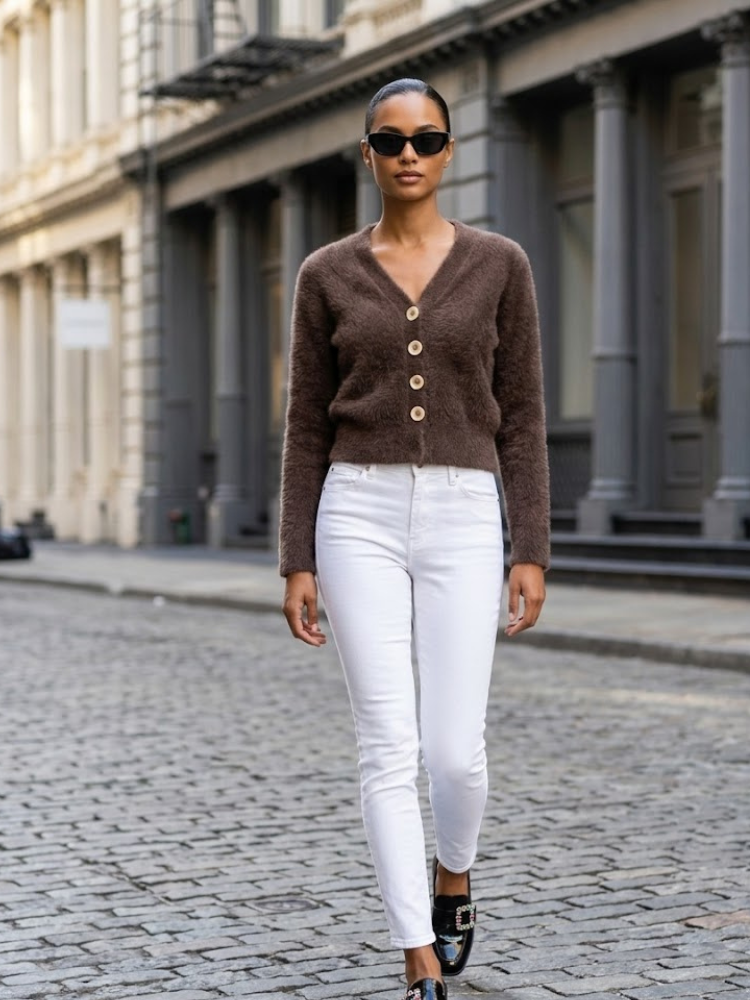 Central Park women's knit cardigan with V-neck, fluffy texture, and pearl-effect front buttons — view 2