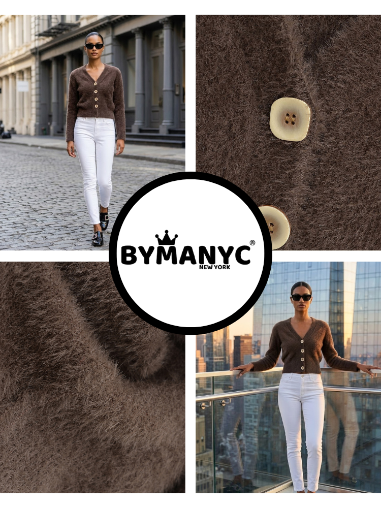 Central Park women's knit cardigan with V-neck, fluffy texture, and pearl-effect front buttons — view 3