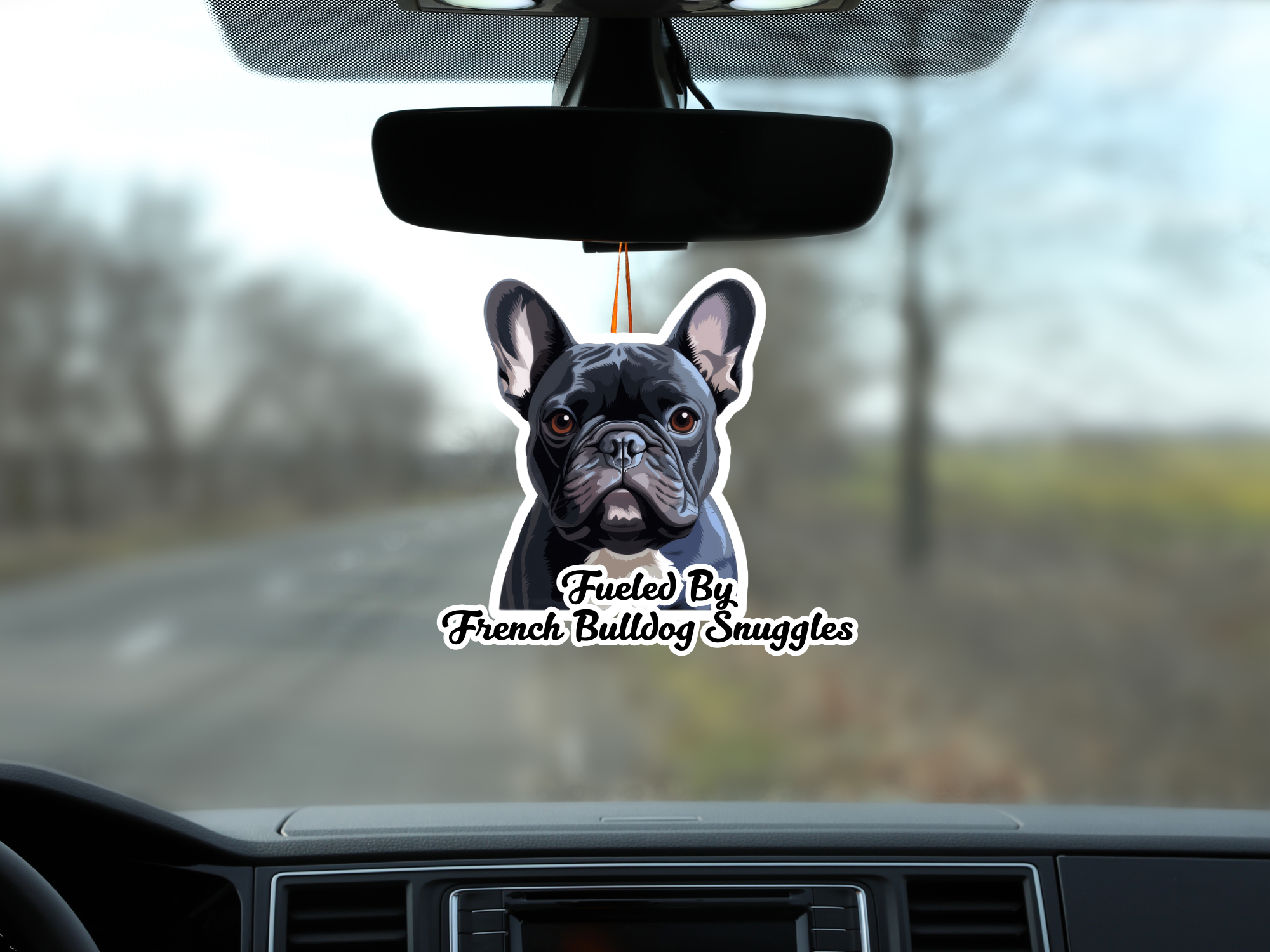 Double sided dog breed car air freshener hanging from rearview mirror in natural paper